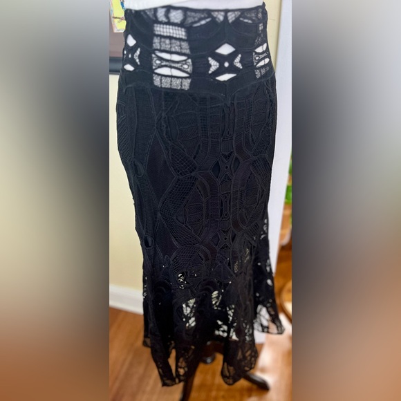 Jonathan Simkhai Skirt Black Corded Cutout Linear Godet Trumpet Lace Whimsigoth - Picture 2 of 11